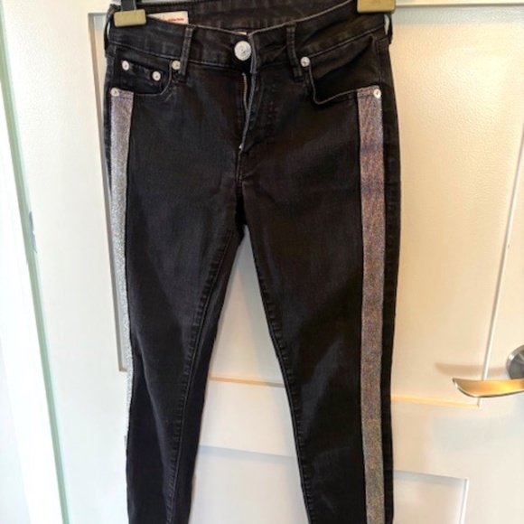 TRUE RELIGION sz 25 Jennie Curvy mid-rise skinny jeans black with silver stripe - Picture 1 of 15